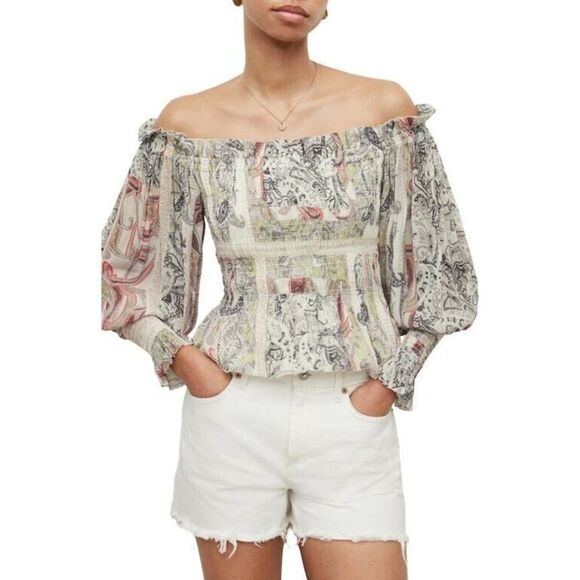 AllSaints WM297W Women's Sz 6 Soft Pink Lara Makutu Off the Shoulder Top - Picture 8 of 9